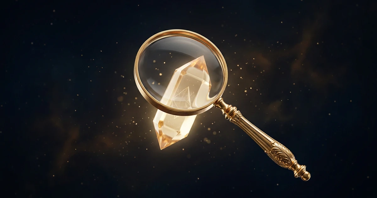 A glowing magnifying glass examining a crystalline domain token in deep cosmic space, with subtle warning glints around the edges.