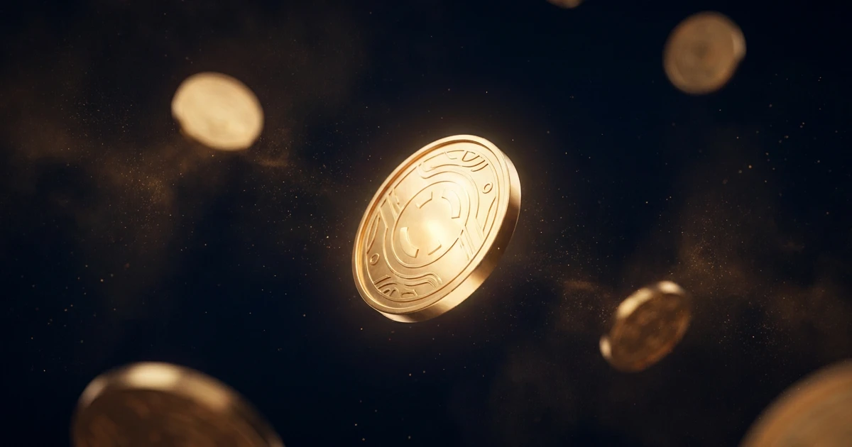 A set of antique brass scales weighing a glowing domain name against stacks of gold coins, set against a deep cosmic background.