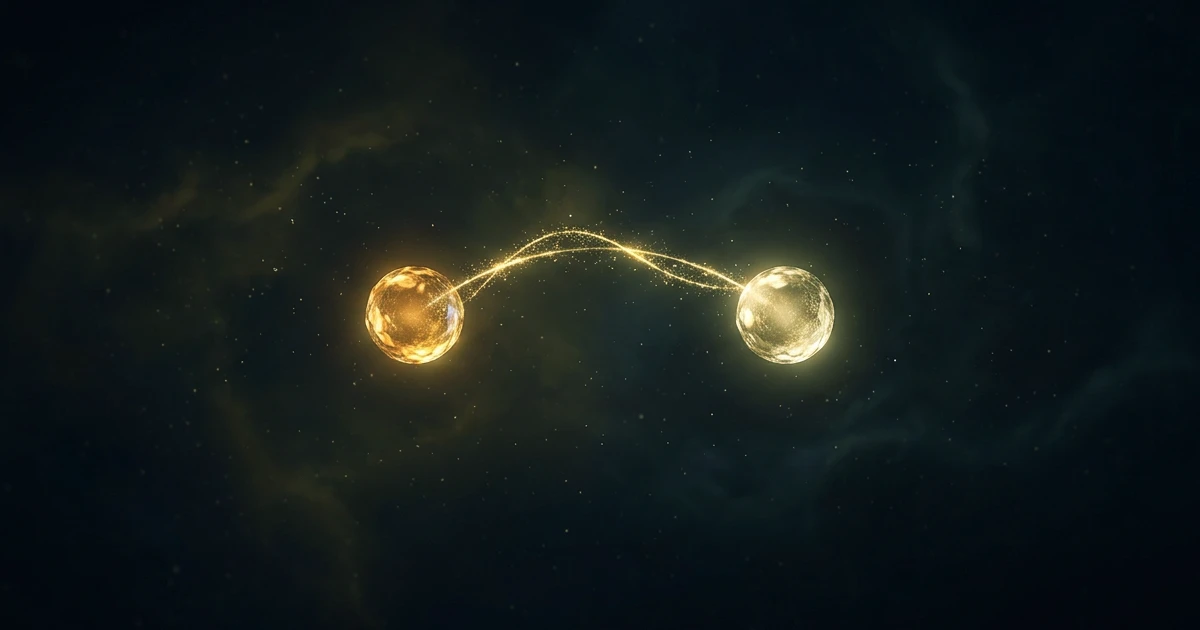 Two glowing domain name tokens connected by a thin golden thread, suspended against a deep cosmic background, suggesting balanced negotiation.