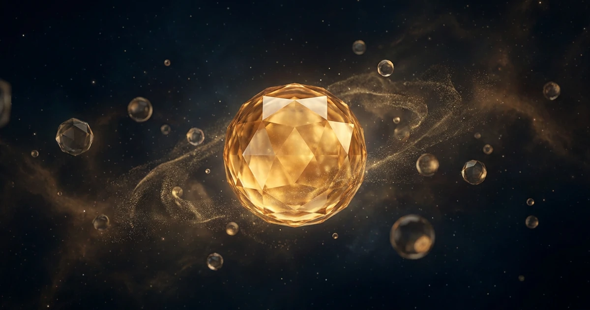 A glowing crystalline sphere suspended in deep space, surrounded by smaller floating shapes representing possible names being considered.