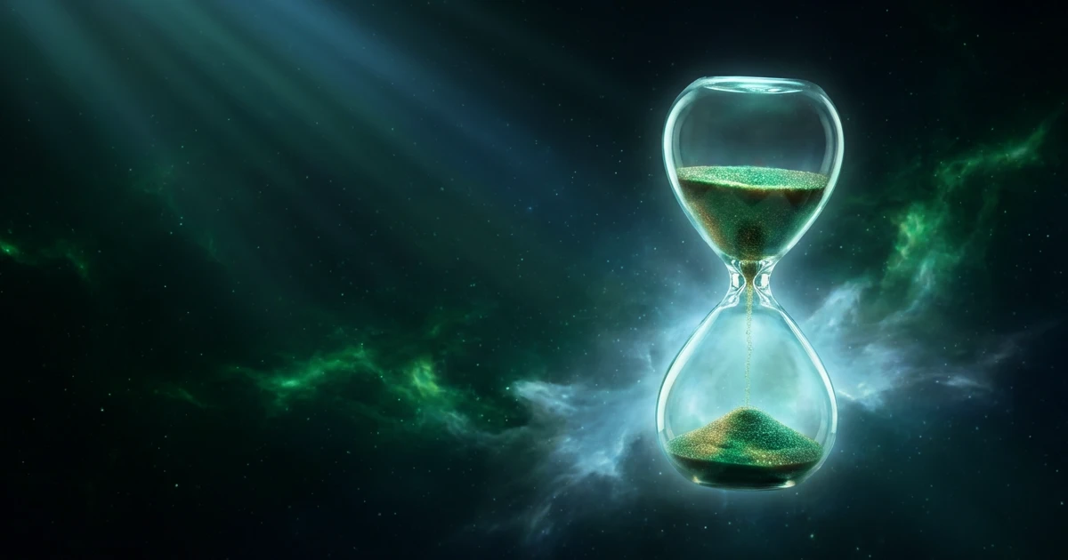 An hourglass made of golden domain names slowly trickling from one chamber to another, set against a deep cosmic background.