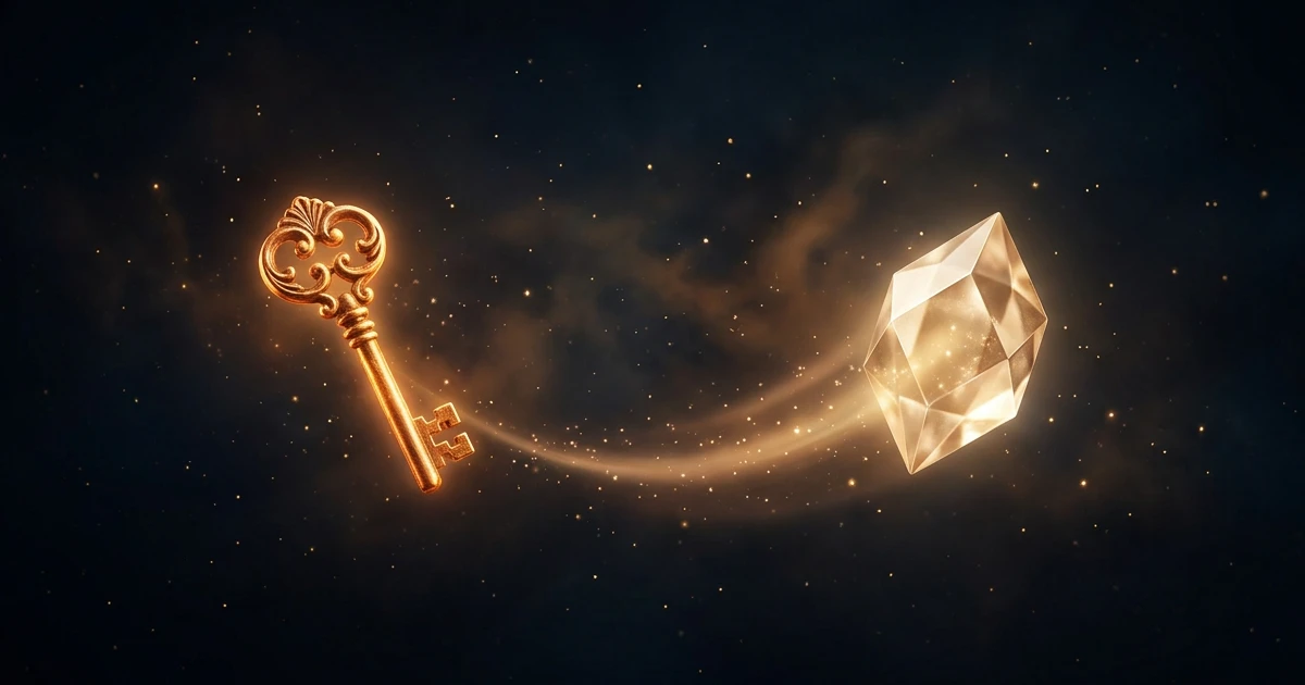 A glowing key floating toward a luminous crystalline domain token in deep cosmic space, suggesting transfer of ownership.