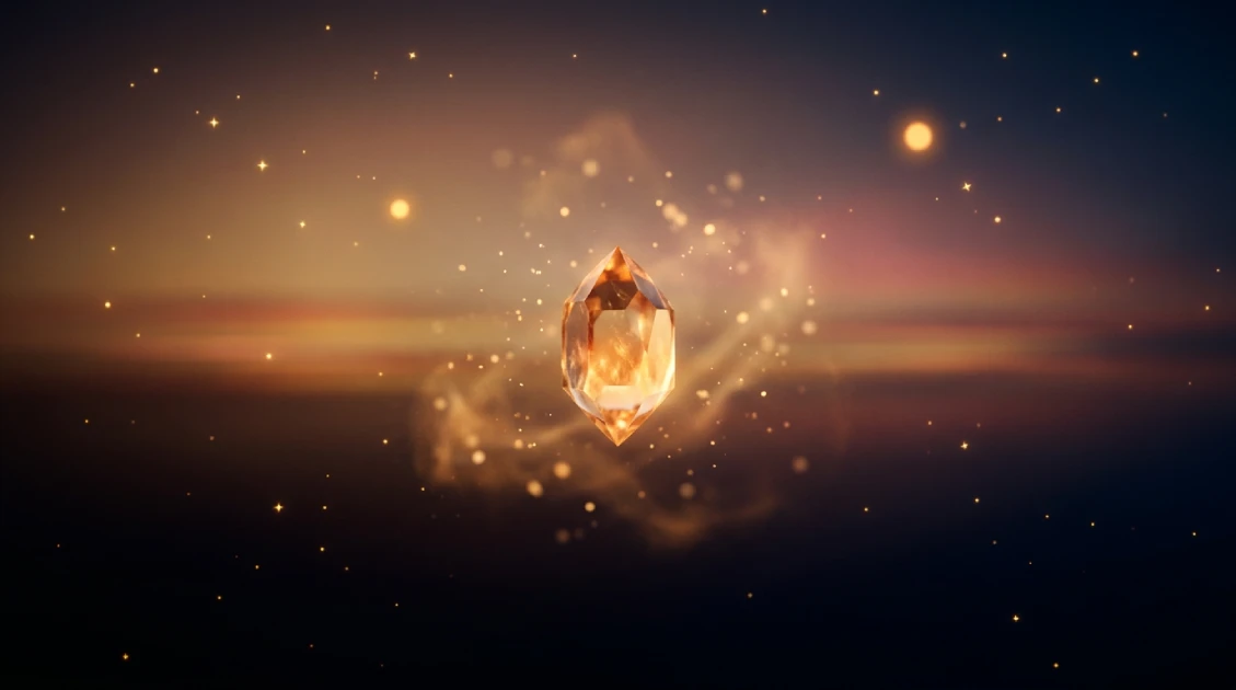 A glowing crystalline domain token suspended in a warm summer twilight cosmos, with soft amber light suggesting the calm of a long evening.
